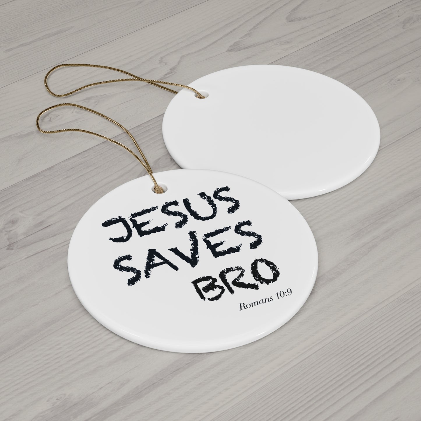 Jesus Saves Bro Ceramic Star Ornament — Religious Christmas Decoration (Romans 10:9)